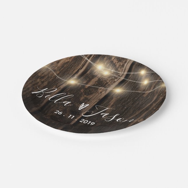 Rustic Wood String Lights Wedding Paper Plate (Angled)