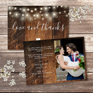 Rustic Wood String Lights Wedding Photo Thank You Card