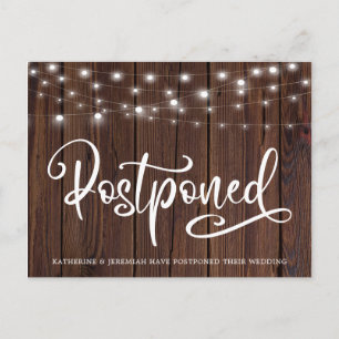 Rustic Wood String Lights Wedding Postponement Postcard
