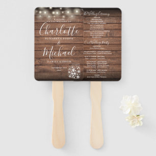Rustic Wood String Lights Wedding Program Hand Fan