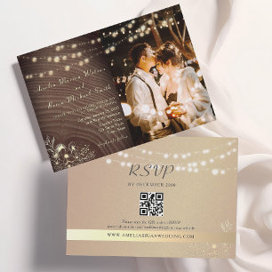 Rustic Wood String Lights Wedding QR Code Invitation
