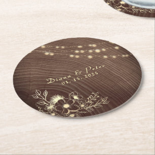 Rustic Wood String Lights Wedding Round Paper Coaster