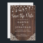 Rustic Wood String Lights Wedding Save the Date<br><div class="desc">Rustic Wood String Lights and Lace Wedding Save the Date Photo Announcement featuring a rustic wood background with twinkling strings of lights and vintage style lace in the bottom corners. The words "Save the Date" are set off in elegant yet rustic typography, making this the perfect design for your boho...</div>