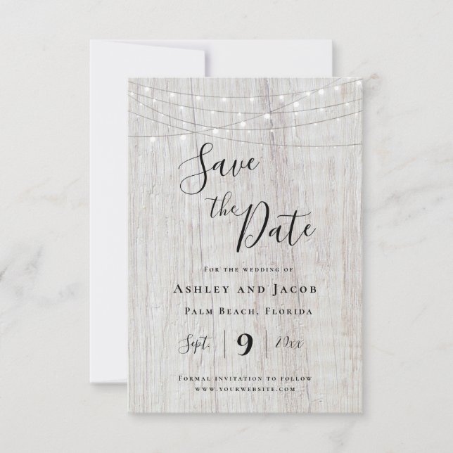 Rustic Wood String Lights Wedding Save The Date  (Front)