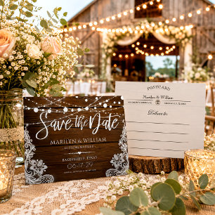 Rustic Wood String Lights Wedding Save The Date Announcement Postcard