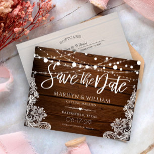 Rustic Wood String Lights Wedding Save The Date Announcement Postcard