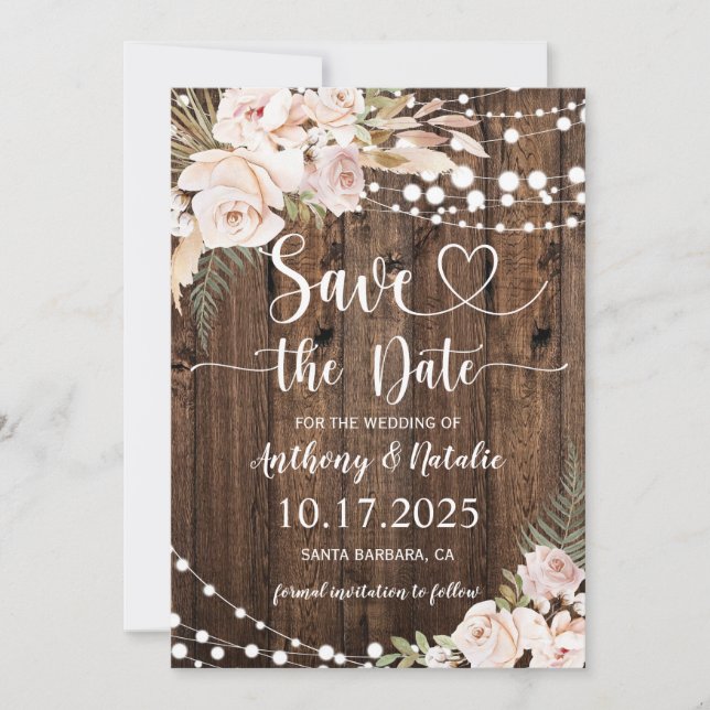 Rustic Wood String Lights Wedding Save the Date Invitation (Front)