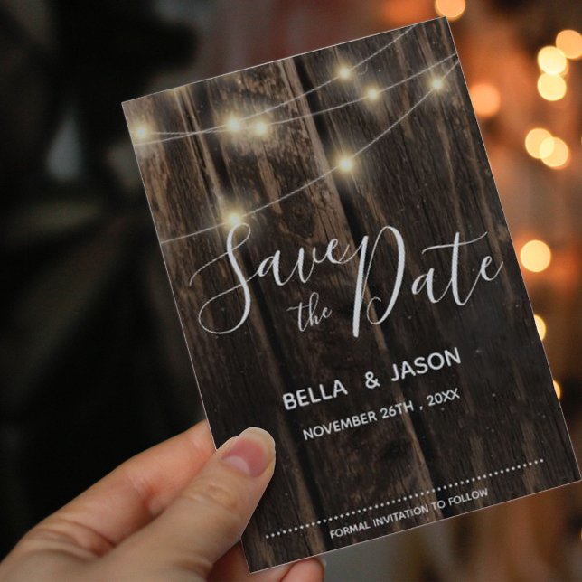 Rustic Wood String Lights Wedding Save The Date Invitation Postcard (Rustic Wood String Lights Wedding Save The Date Invitation Postcard)