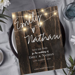 Rustic Wood String Lights Wedding Save The Date Invitation Postcard