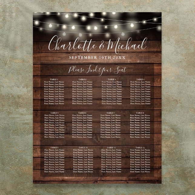 Rustic Wood String Lights Wedding Seating Chart (Rustic Wood String Lights Wedding Seating Chart)