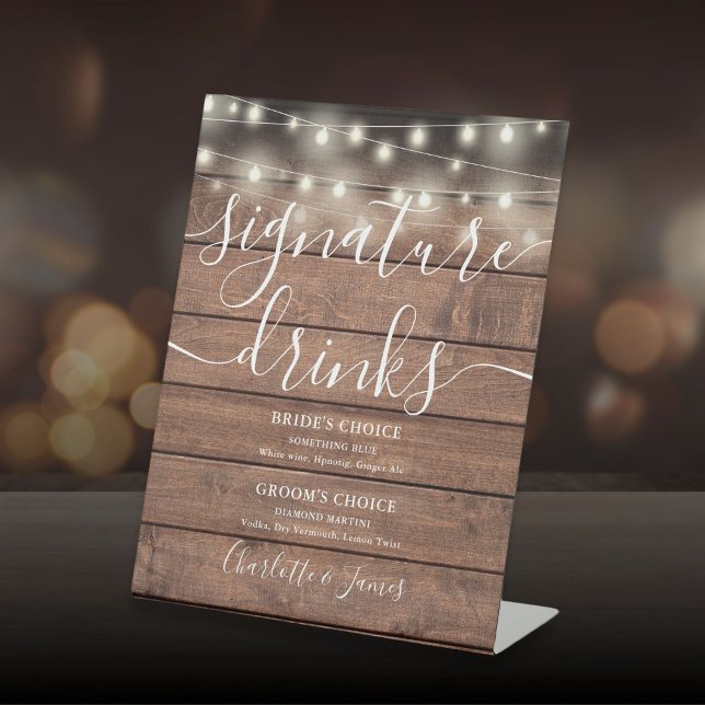 Rustic Wood String Lights Wedding Signature Drinks Pedestal Sign (Rustic Wood String Lights Wedding Signature Drinks Pedestal Sign)