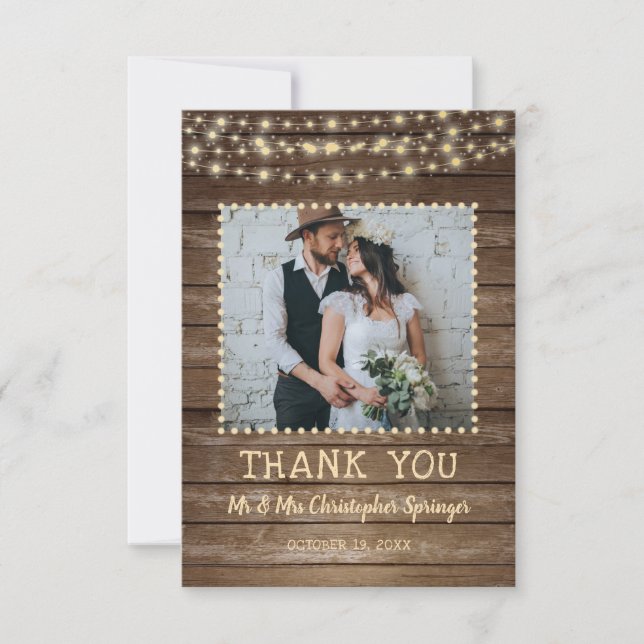 Rustic Wood String Lights Wedding Thank You Card (Front)
