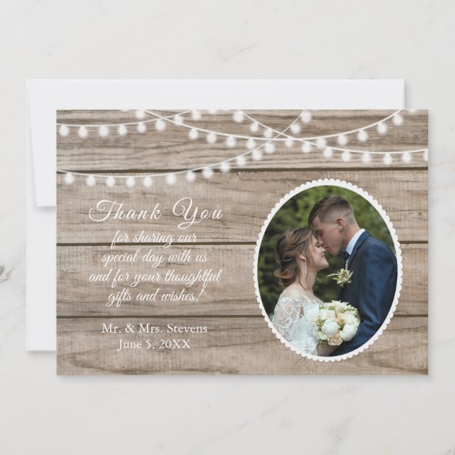 Rustic wood, string lights wedding thank you card (Front)