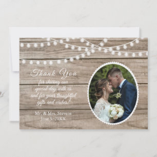 Rustic wood, string lights wedding thank you card