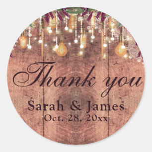 Rustic Wood & String Lights Wedding thank you Classic Round Sticker