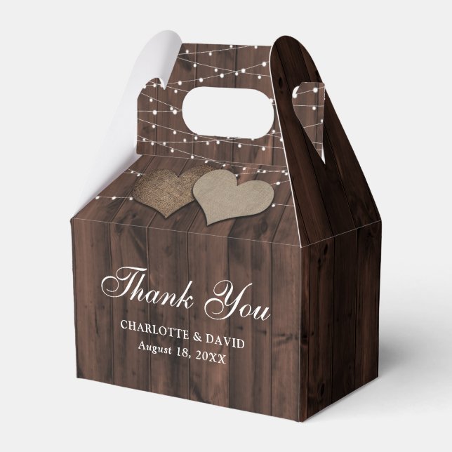 Rustic Wood String Lights Wedding Thank You Favor Box (Front Side)