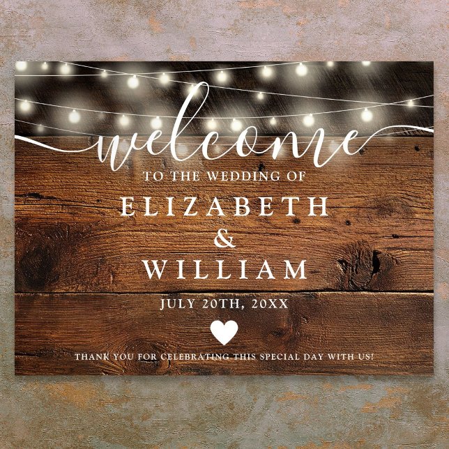 Rustic Wood String Lights Wedding Welcome Sign (Rustic Wood String Lights Wedding Welcome Sign)