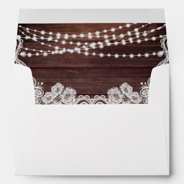 Rustic Wood String Lights White Lace Address Envelope (Back (Bottom))
