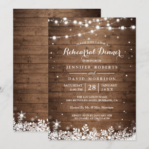 Rustic Wood String Lights Winter Rehearsal Dinner Invitation