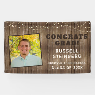 Rustic Wood & String Lights with Photo Graduation Banner