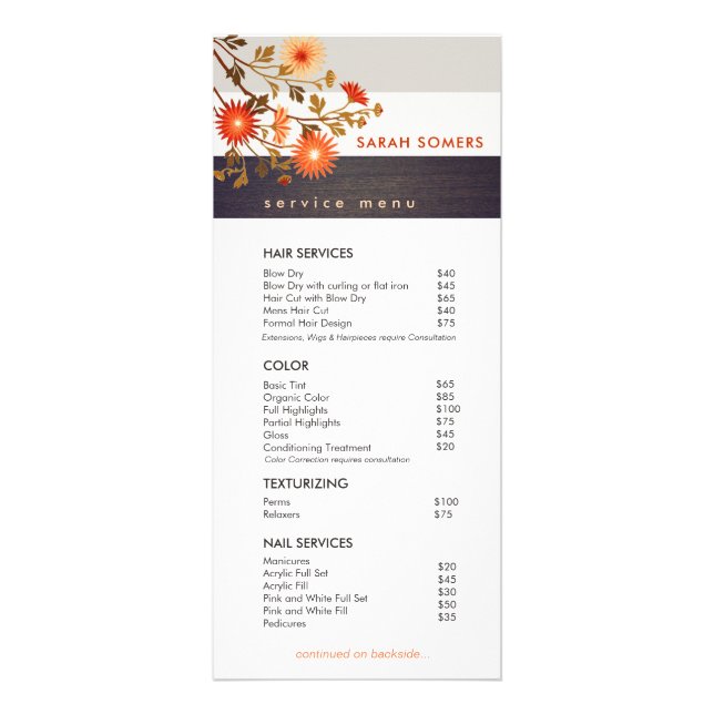 Rustic Wood Stripe Wild Flowers Salon Service Menu (Front)