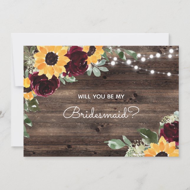 Rustic Wood Sunflower Be My Bridesmaid Proposal Invitation (Front)