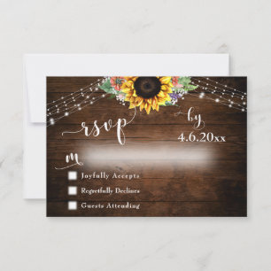 Rustic Wood Sunflower Bouquet & Lights Wedding RSVP Card