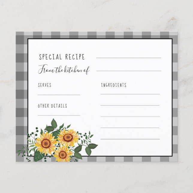 Rustic wood sunflower bridal shower recipe card (Front)