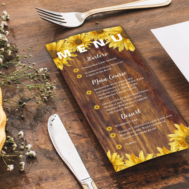 Rustic Wood Sunflower Bright Yellow Wedding Party Menu (Rustic Wood Sunflower Bright Yellow Wedding Party Menu)