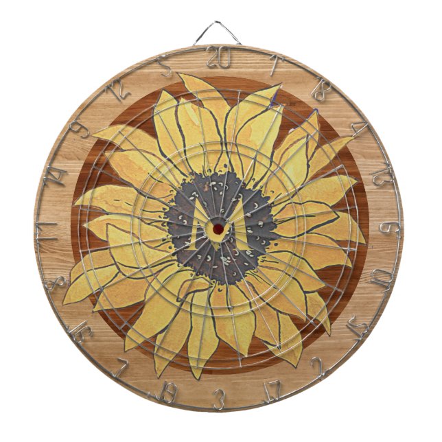  Rustic Wood Sunflower Brown Yellow Dartboard (Front)