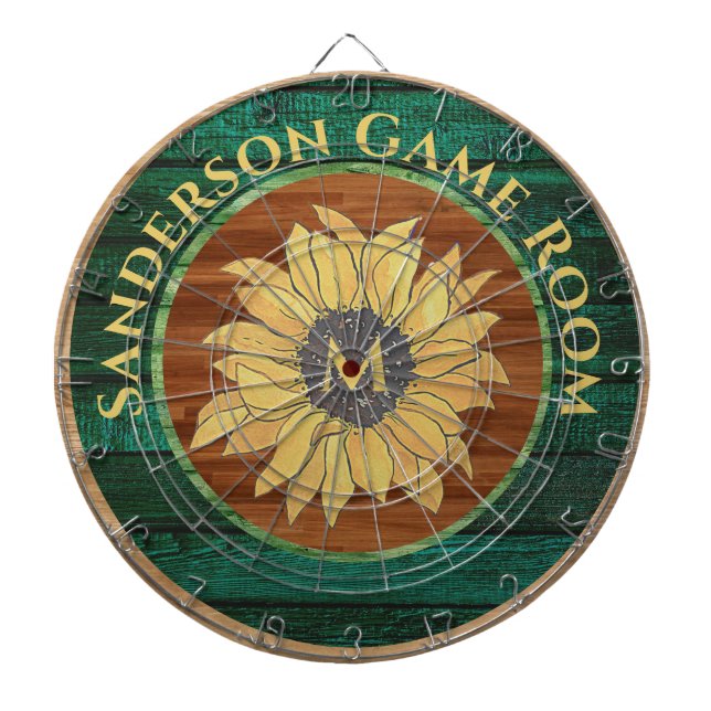  Rustic Wood Sunflower Brown Yellow Green Dartboard (Front)