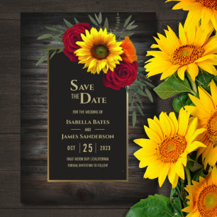 Rustic Wood Sunflower Burgundy Rose Wedding Save Save The Date