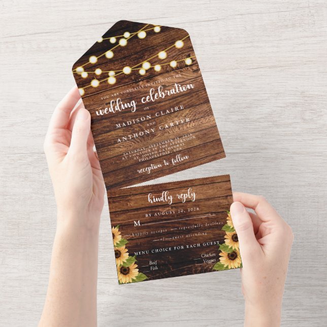 Rustic Wood Sunflower Calligraphy Photo Wedding All In One Invitation (Tearaway)