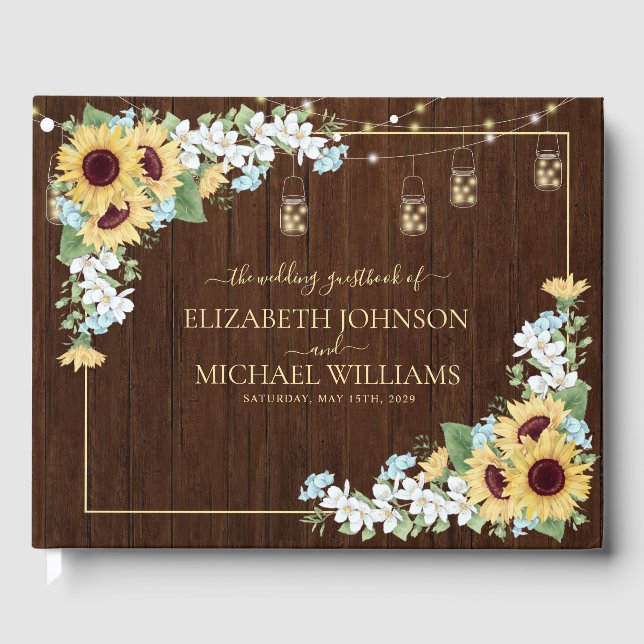 Rustic Wood Sunflower Dusty Blue Floral Wedding Guest Book (Front)