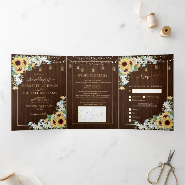 Rustic Wood Sunflower Dusty Blue Floral Wedding Tri-Fold Invitation (Inside)