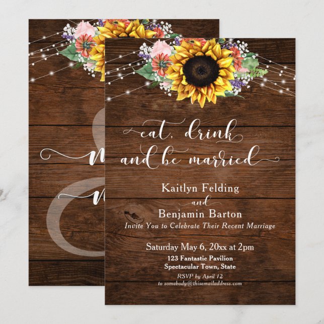 Rustic Wood Sunflower Eat Drink and Be Married Invitation (Front/Back)