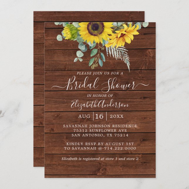 Rustic Wood Sunflower Eucalyptus Bridal Shower Invitation (Front/Back)