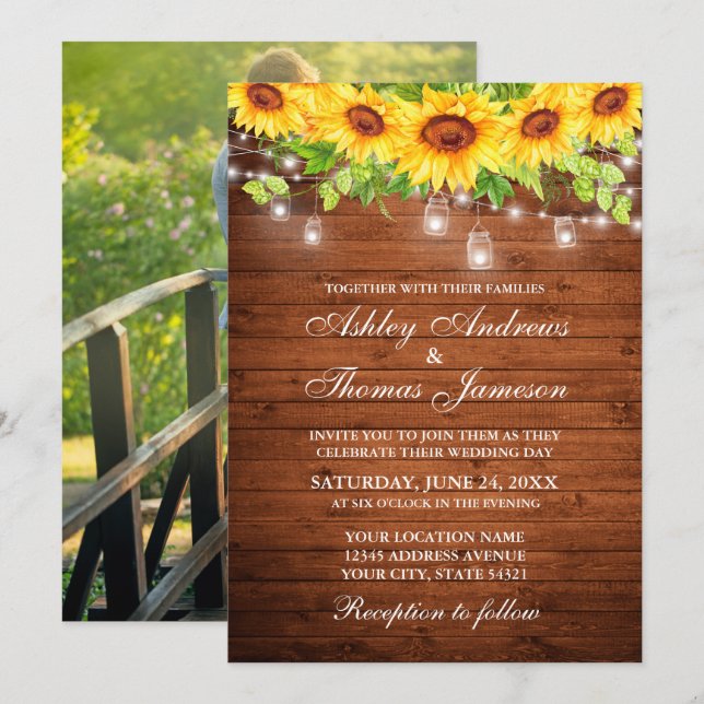 Rustic Wood Sunflower Floral Jar Lights Photo Invitation (Front/Back)