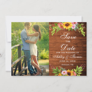 Rustic Wood Sunflower Floral Photo Save The Date