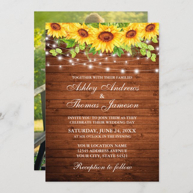 Rustic Wood Sunflower Floral String Lights Photo Invitation (Front/Back)