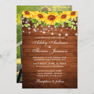 Rustic Wood Sunflower Floral String Lights Photo Invitation