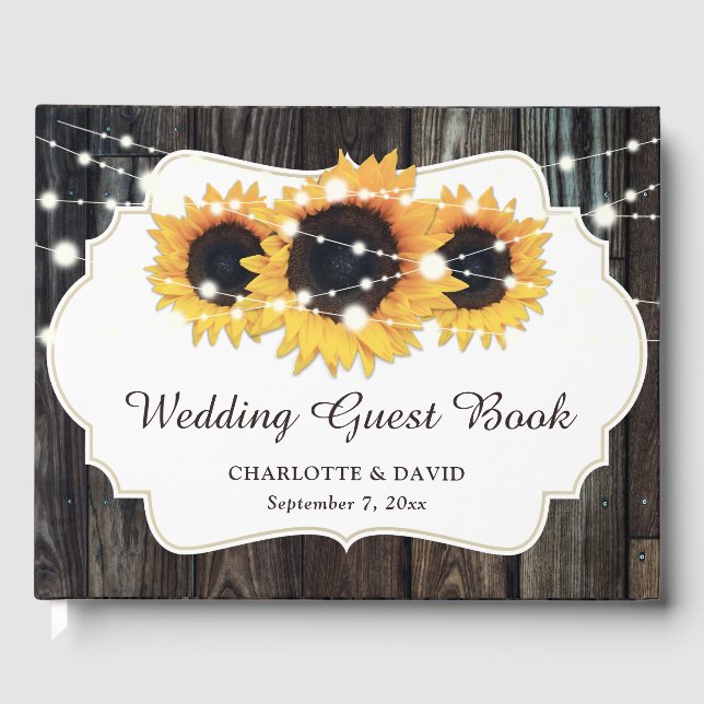 Rustic Wood Sunflower Floral Wedding Guest Book (Front)