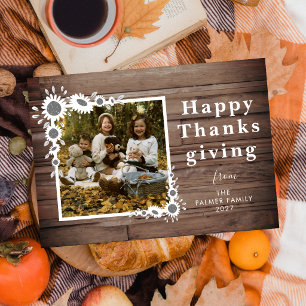 Rustic Wood Sunflower Happy Thanksgiving Photo Holiday Card