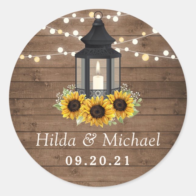 Rustic Wood Sunflower Lantern String Lights Classic Round Sticker (Front)