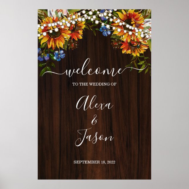 Rustic Wood Sunflower Lights Wedding Welcome Sign (Front)