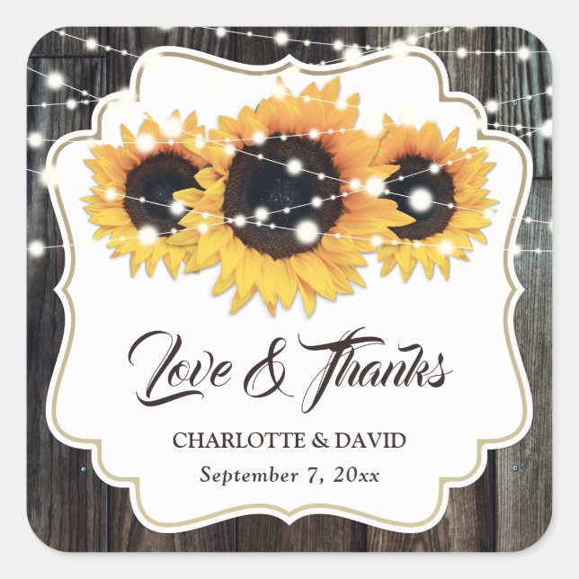 Rustic Wood Sunflower Love and Thanks Wedding Square Sticker (Front)