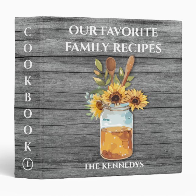 Rustic Wood Sunflower Mason Jar Family Cookbook  Binder (Front/Spine)