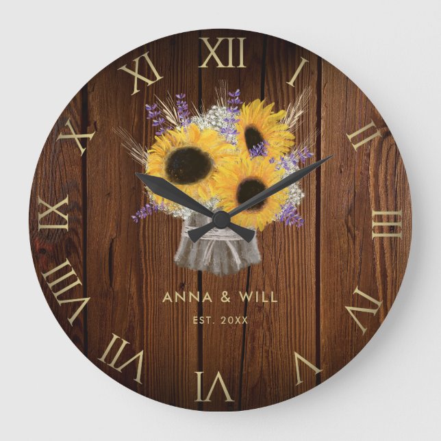 Rustic Wood Sunflower Modern Wedding Anniversary Large Clock (Front)