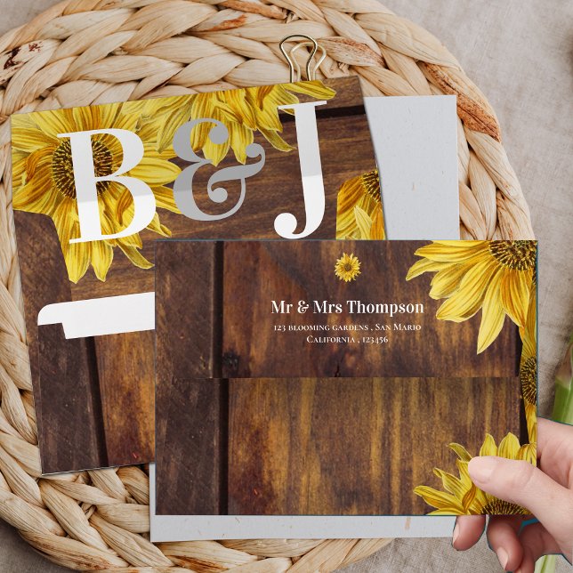Rustic Wood Sunflower Monogram Fall Wedding  Envelope (Rustic Wood Sunflower Monogram Fall Wedding Envelope)