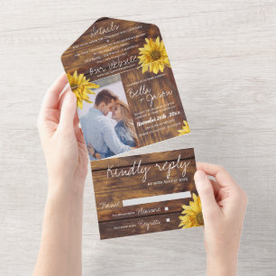 Rustic Wood Sunflower Monogram Photo Wedding All In One Invitation